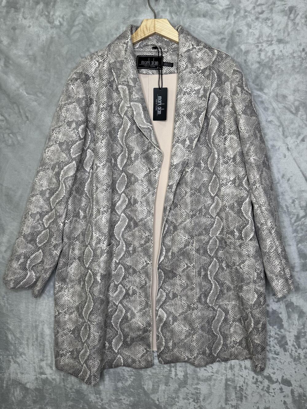 Mark Alan Jacket Womens 1XL Gray Snake Print Open Front Pockets Stretch Scuba